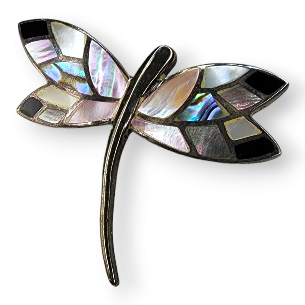 Vintage Sterling Silver 925 Mother of‎ Pearl Inlay Dragonfly Brooch Pin